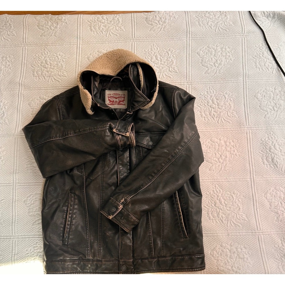Levis Mens Distressed Brown Faux Leather Sherpa Hooded Trucker Jacket Size M